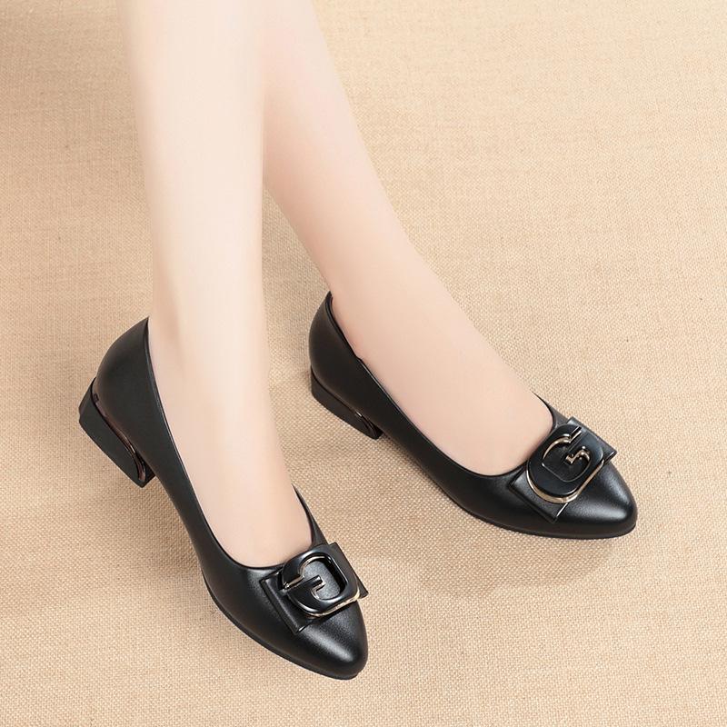 Fashion Women Simple Sweet Light Weight Black Crystal Square Heel Shoes Lady Fashion Comfort Pump Loafers Grace  Soft Leather Mid Heels