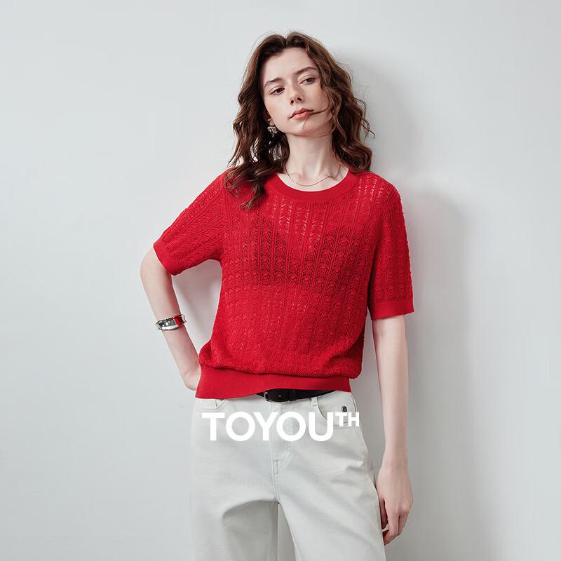 CHUYU Lyocell Knit Short Sleeve Round Neck Hollow-Out Top M