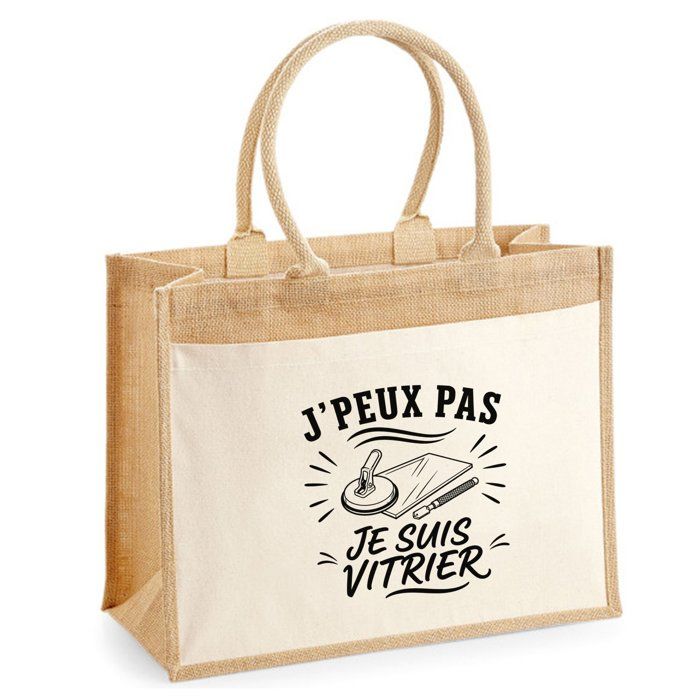 Sac Cabas Jute avec Poche J’peux pas je suis Vitrier J'peux pas minimaliste | Toile de Jute et Coton 21 L Fond Plat Anses 65 cm