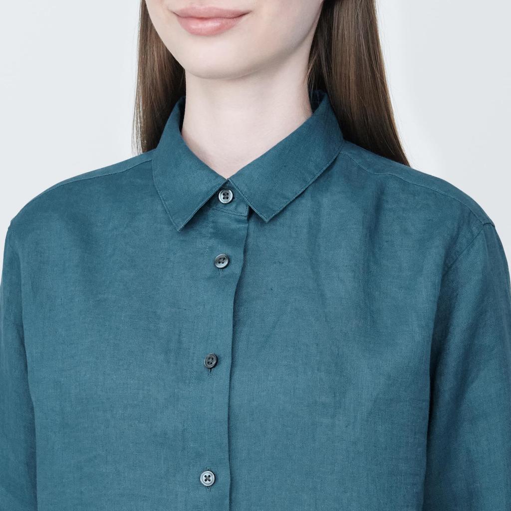 MUJI Washed Linen Regular Collar Long Sleeve Smoky Size BC2ISA4S Women's Shirt, Green, S,