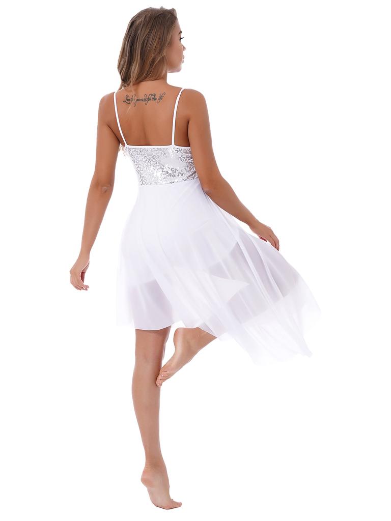 Women Lyrical Modern Dance Dress Sequin Asymmetrical Hem Leotard Skating Performance Costume