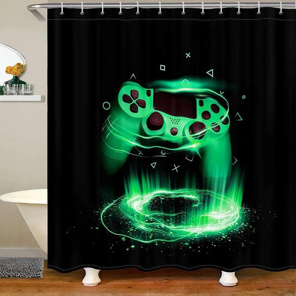 Modern Gamer Shower Curtain Video Game Controller Bath Curtain Room Decor Bright Colorful Geometry Waterproof Bathroom Curtains