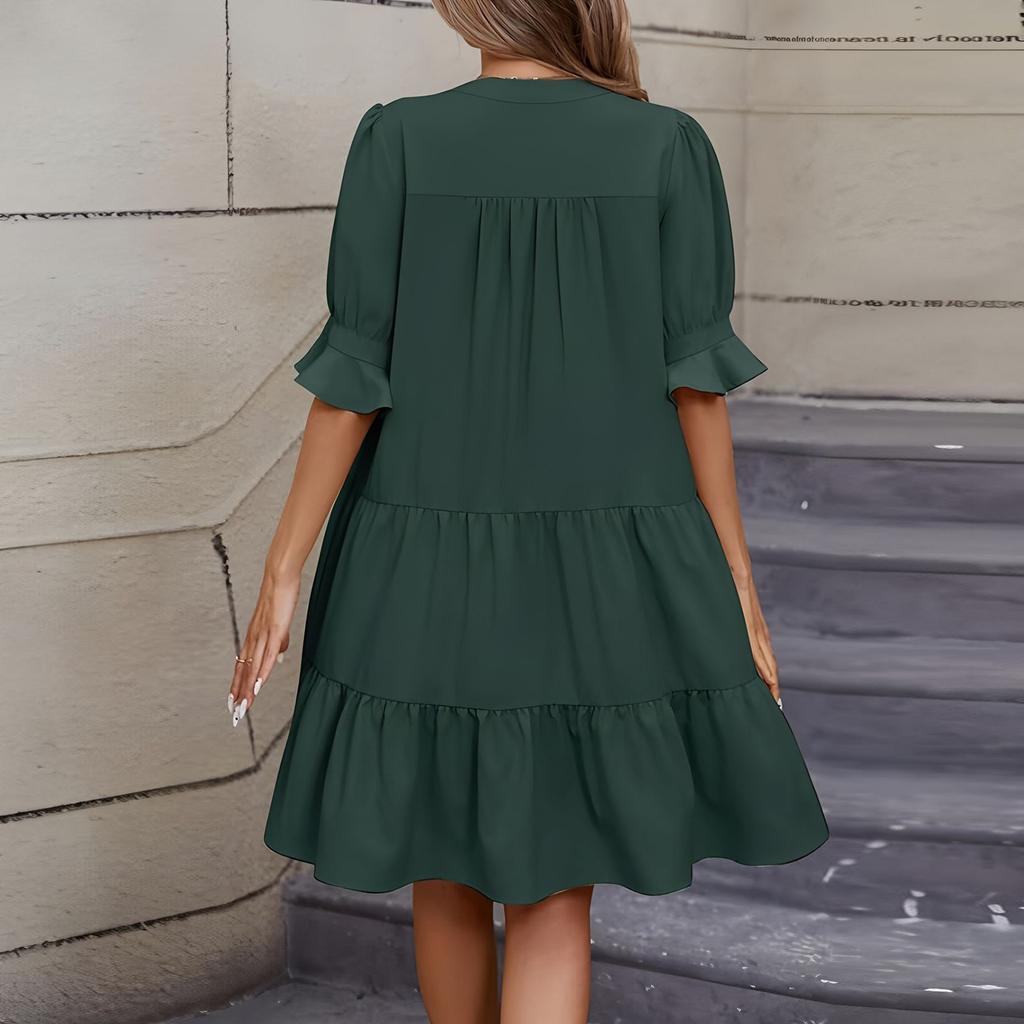Women's Fashion Casual Slim Middle Sleeve V-Neck Ruffle Dresses