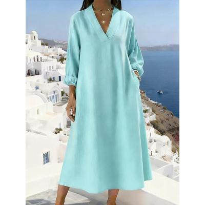 Summer Women V Neck 3/4 Sleeve Loose Pocket Maxi Dress Casual Breathable
