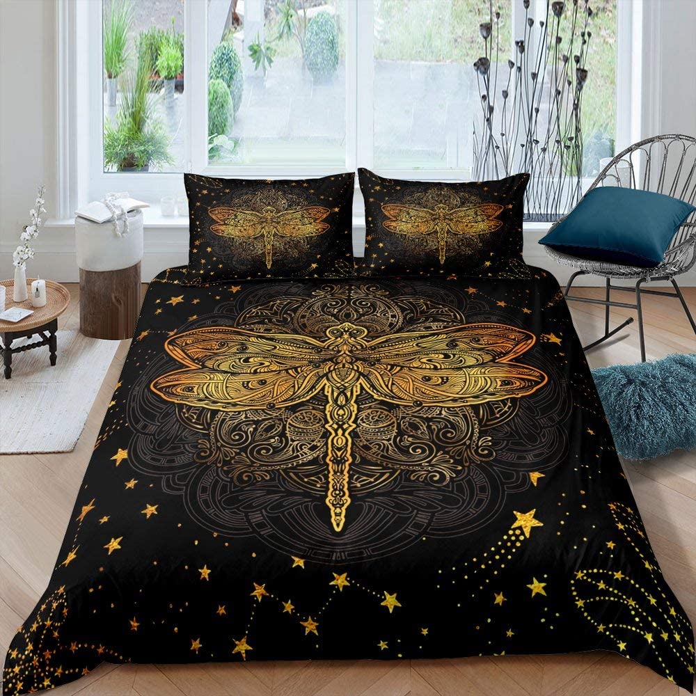 Dragonfly Duvet Cover Set King Queen Full Size Polyester Comforter Cover Watercolour Style For Kids Teens Adults With Pillowcase
