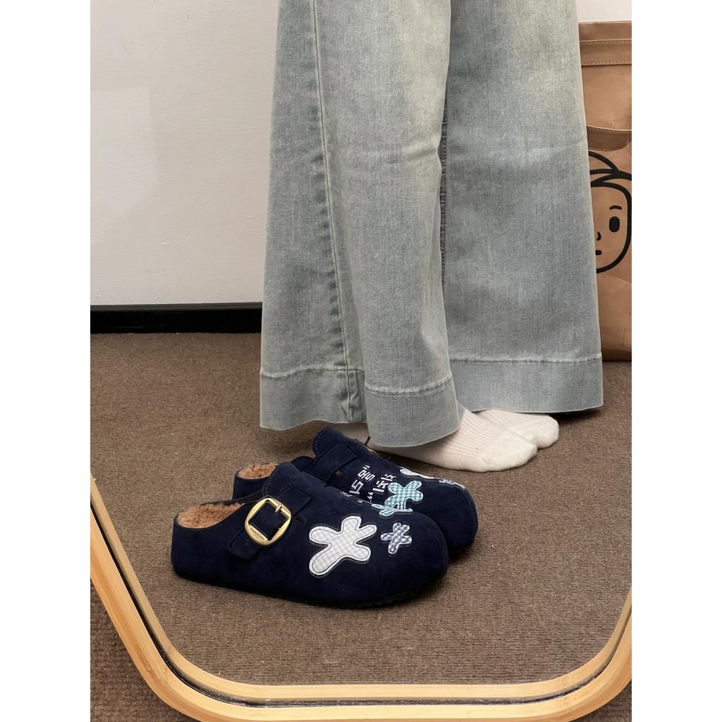 Fleece thick-soled bag head half-drag Birkenstocks women wear non-slip soft-soled cotton slippers