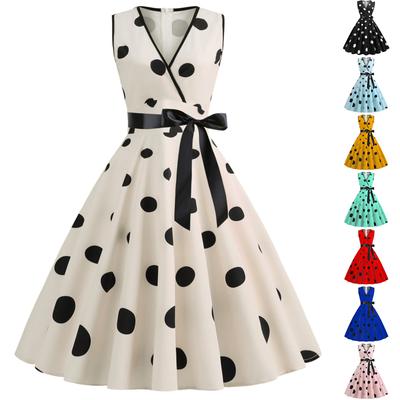 Women's Retro V-Neck Sleeveless Patchwork Polka Dot Print Large Skirt Dress
