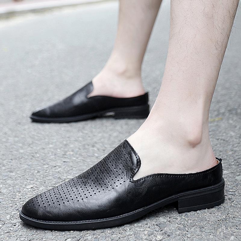 2026 Summer Mules Men Half Shoes For Man Slippers Hollow Out Leather Mens Casual Shoes Backless Loafers Male Slides Flat Sandals
