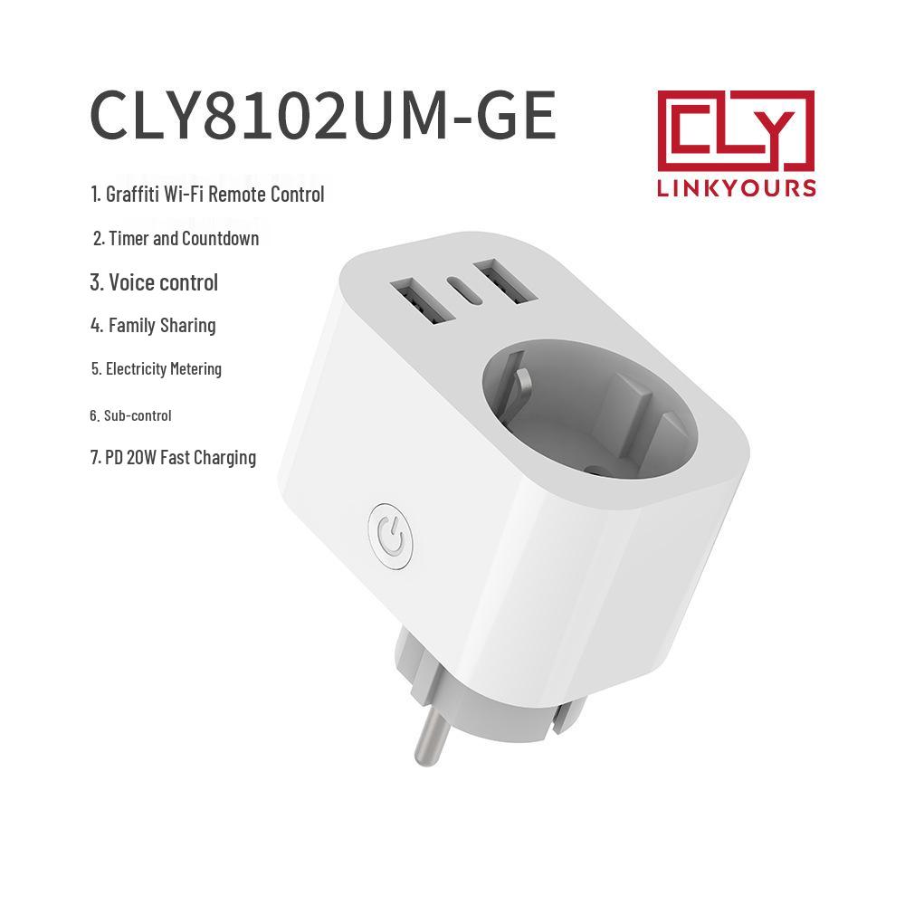 European Standard 220V 16A Smart Socket with Dual USB, Alexa Control, Individual Remote Switching