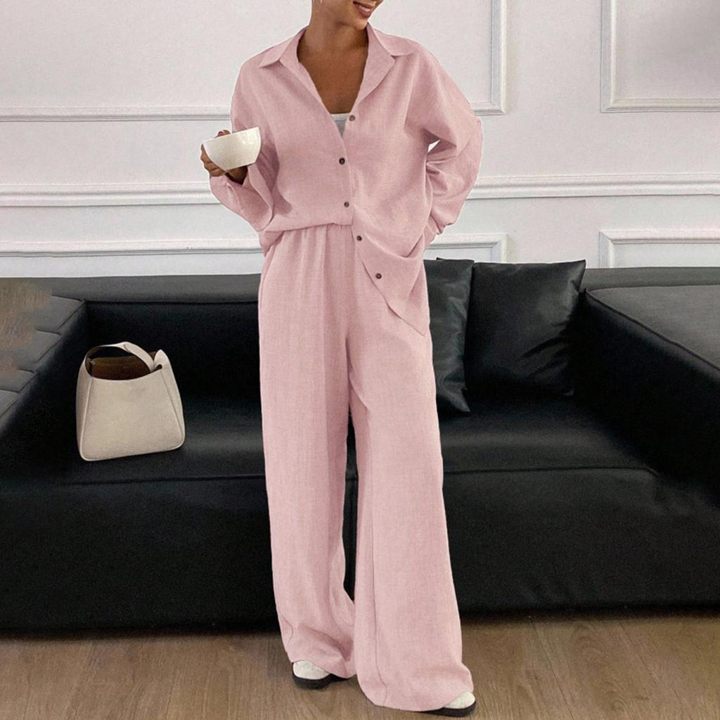 Damen Freizeitanzug Locker Baumwolle und Leinen Langarmhemd Hose Zweiteiliges Set
