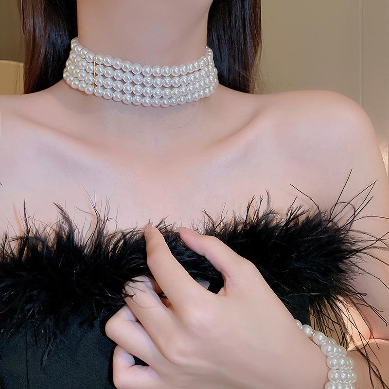 Baroque four-row imitation pearl choker necklace French retro niche high-end necklace