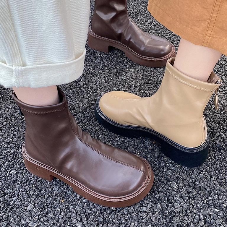 

Осенние женские ботинки «Челси», модные женские короткие сапоги из мягкой кожи с квадратным носком и молнией сзади, повседневные туфли на низком квадратном каблуке