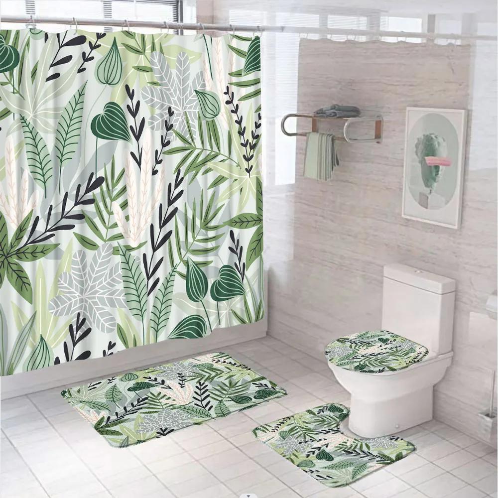 Watercolor Plant Floral Shower Curtain Set Country Wild Flower Leaves Bathroom Decor Screen Non-Slip Bath Mat Toilet Rug Carpet