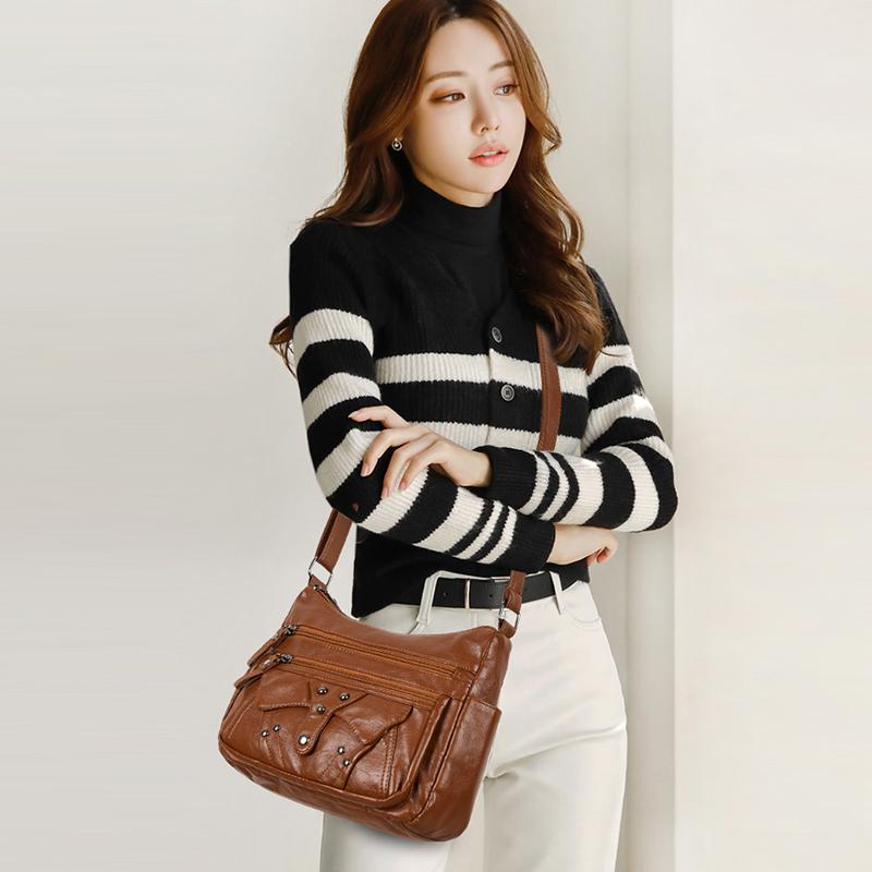 Women's Multi-layer Soft Leather Crossbody Bag Commuter Shoulder Bag Mother Bag