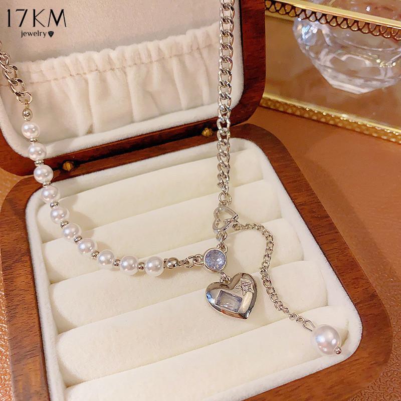 17KM Luxury Heart Plastic Necklace for Women Crystal Tassel Spliced Silver Chain Choker Accessories Jewelry