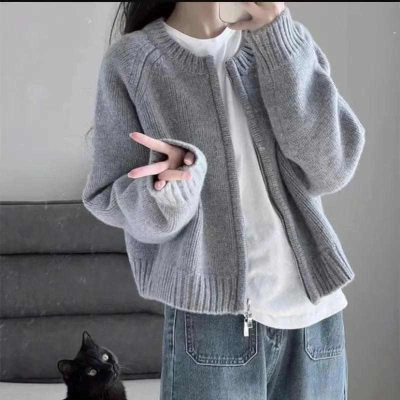 Women Autumn Winter Solid Color Long Sleeve Short Knitting Cardigan Ladies Round Neck Casual Zipper Sweater Jacket