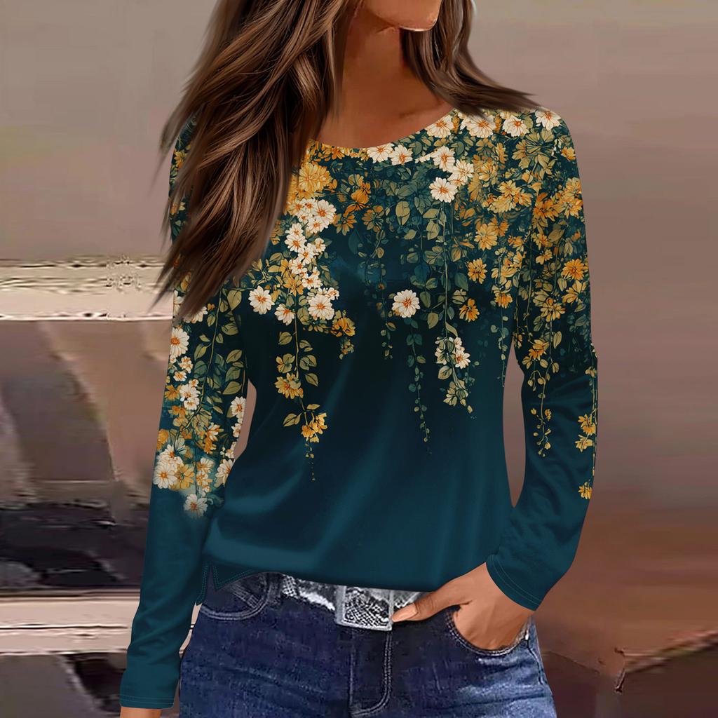 Women's Fashion Casual Slit Hem Round Neck Long Sleeve Loose Printed T-Shirt Ladies Top Christmas