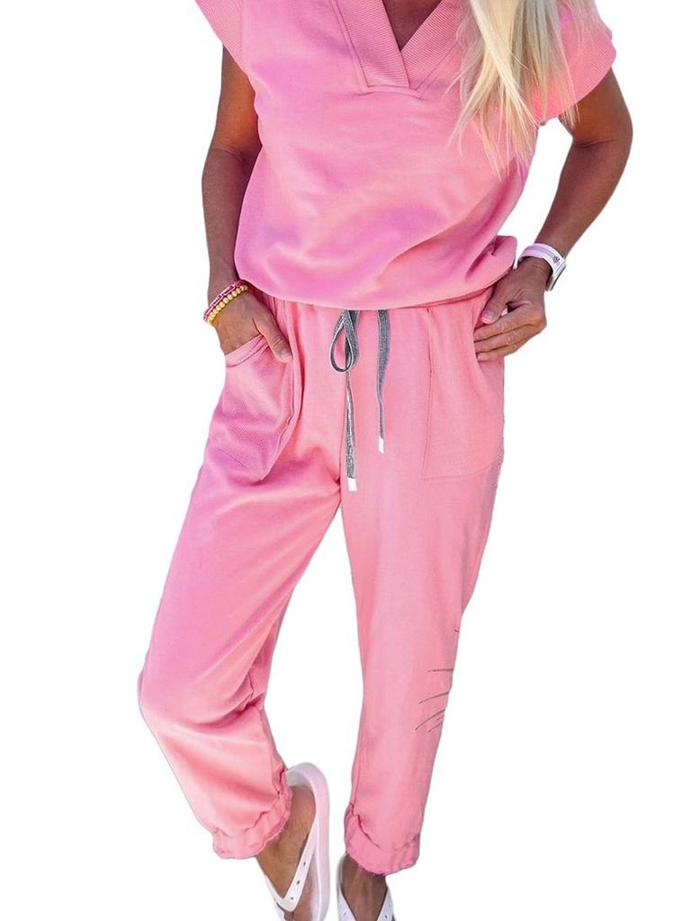 2026 Summer Women's Casual Solid Color V-Neck Short Sleeve Two-Piece Set with Pockets