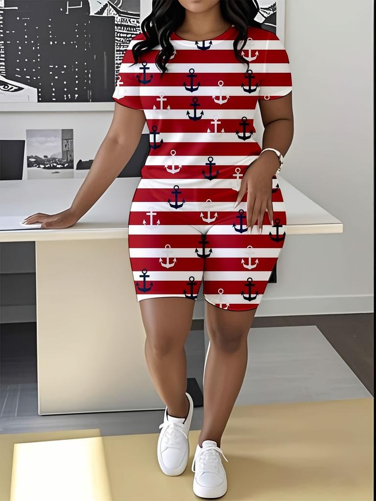 Striped code European and American women's clothing checkered printing T-shirt shorts set sports suit