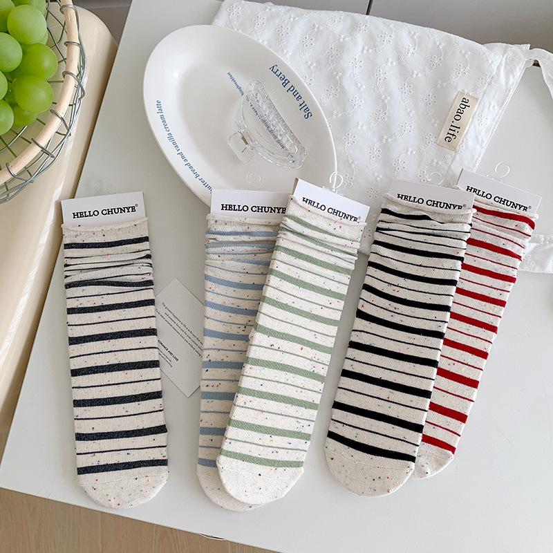 Women's Spring and Summer Thin Polka Dot Chiffon Fringed Striped School Tufted Cotton Socks