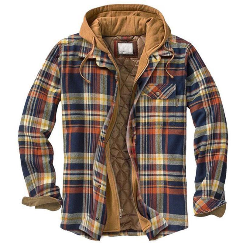 Men's Clothing European and American Autumn and Winter Thickened Cotton-padded Plaid Long-sleeved Loose Hooded Jacket