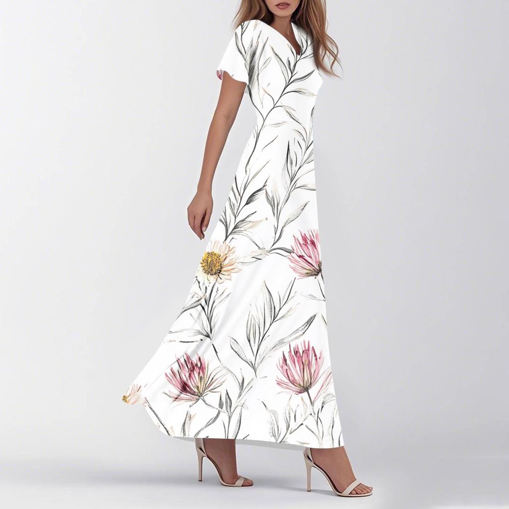 Dámské letní ležérní móda retro květinové šaty s výstřihem do V, krátkým rukávem