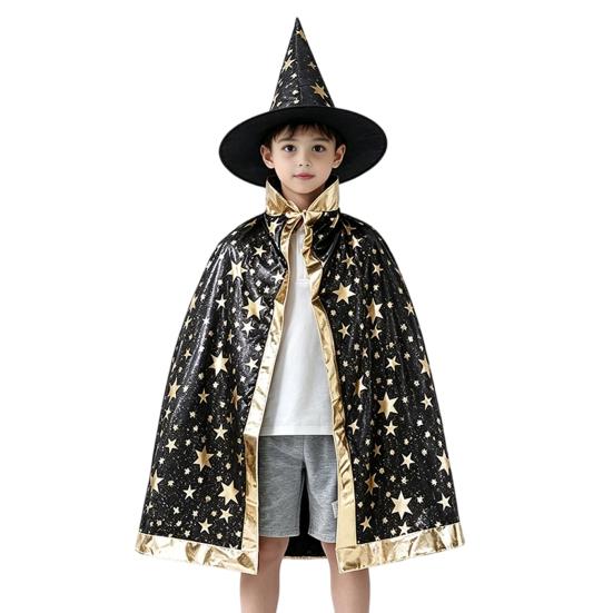 Star Pattern Wizard Cape Kids Cloak with Hat for Boys Girls, Halloween Witch Theme Role Play Costume Prop Party Cosplay Outfit, Fancy