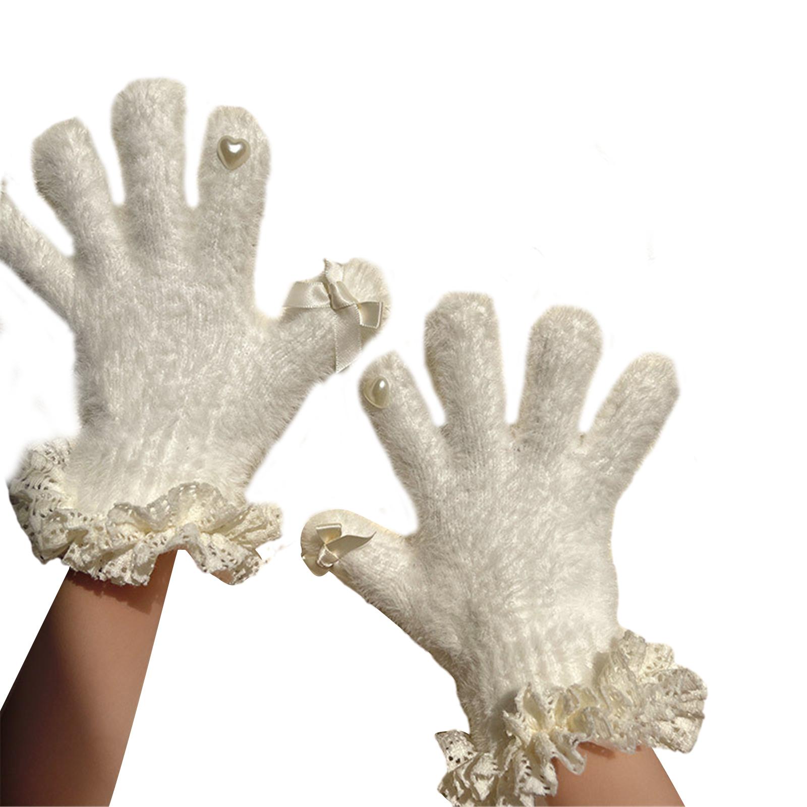 

Children Winter Thickened Warm Gloves JK Kids Girl Cute Heart Bowknot Ruffle Lace Trim Furry Plush Full Finger Gloves S білий