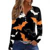 Women's T Shirt Tee Halloween Print Button Long Sleeve Daily Weekend Fashion Basic V- Neck Regular Top