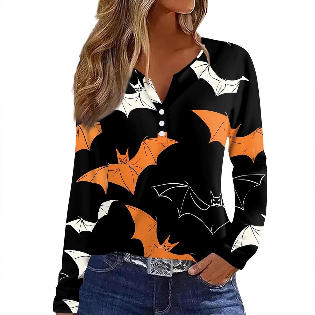 Women's T Shirt Tee Halloween Print Button Long Sleeve Daily Weekend Fashion Basic V- Neck Regular Top