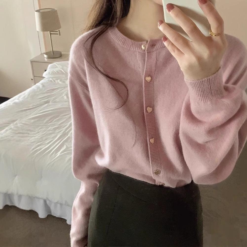 Soft Waxy Love Button Knitted Cardigan Women's Autumn and Winter Gentle Top Small Fragrant Wind Crew Neck Sweater Short Coat