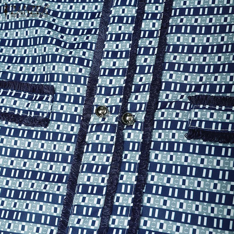 ZANZEA Women V Neck Puff Sleeve Smooth Print Casual Loose Tunic Dress