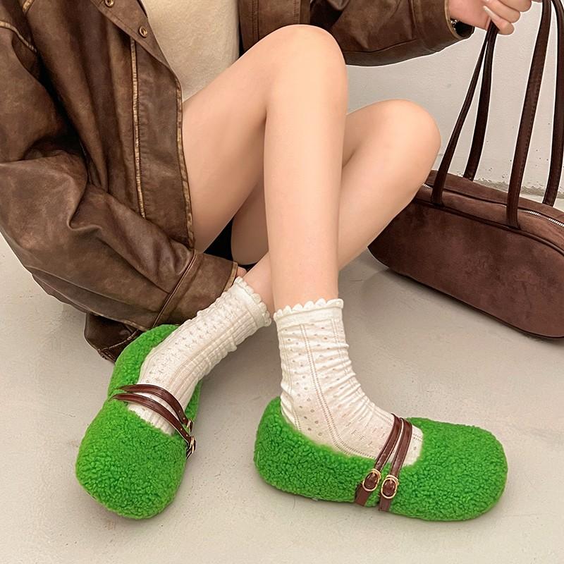 Fashion Autumn Winter Women Fur Flats Shoes Concise Comfort Street Style Soft Sole Female Dress Short Plush Mary Jane Shoes