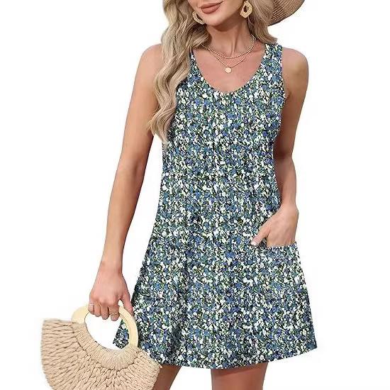 Summer Beach Loose V-Neck Sleeveless Pocket Dress Tank Top Skirt