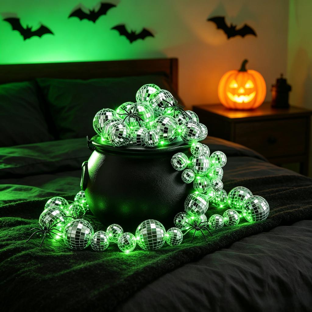 96 Pcs Halloween Disco Ball Witch Cauldron Kit With LED Lights Fake Cobwebs Spiders For Home Party Decorations Plastic Black