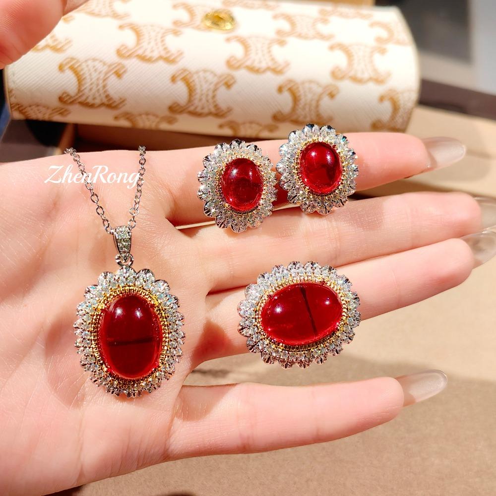 Luxury Women Jewelry Set with Pigeon Blood Red Ruby Exaggerated CZ Necklace Earrings Royal Blue Ring