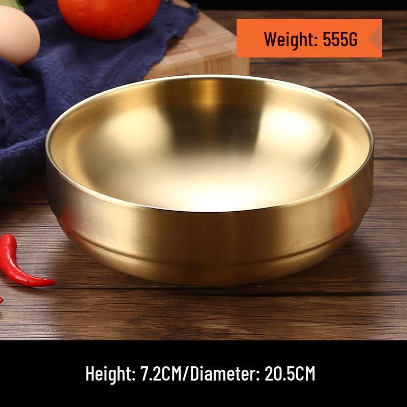 Golden Double-Layer Korean Cuisine Bowl - 304 Stainless Steel, Ideal for Rice, Soup, Kimchi, and Cold Noodles.