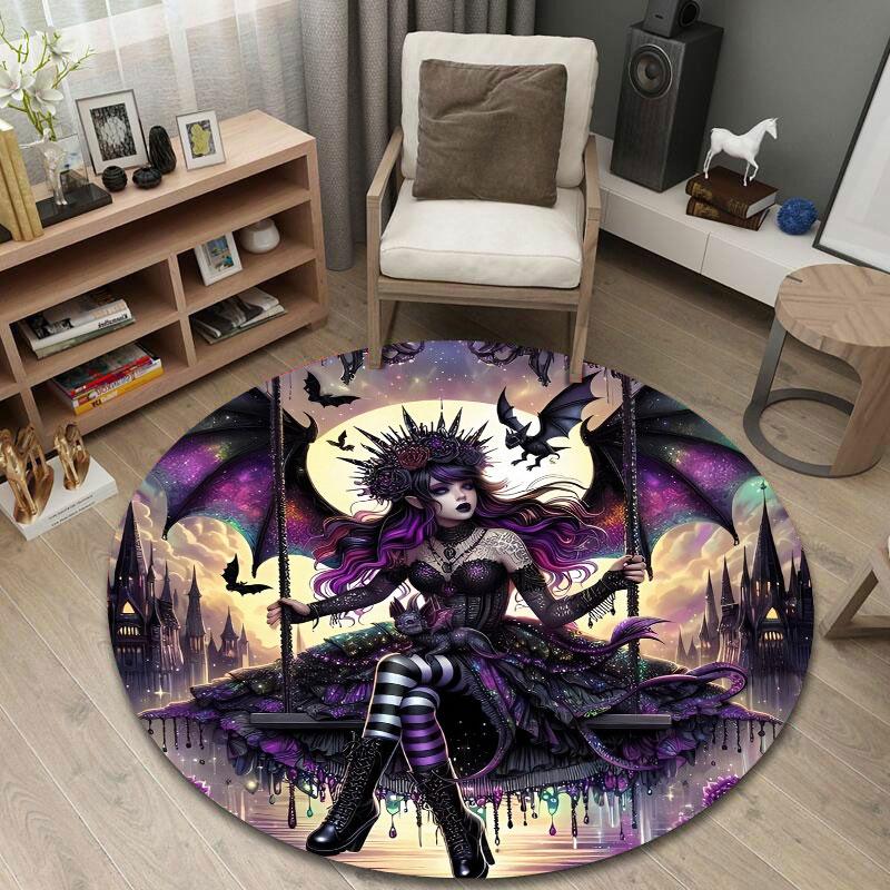 Playful Round Halloween Multicolor Floor Rug, Non-Slip Floor Mat for Laundry Room