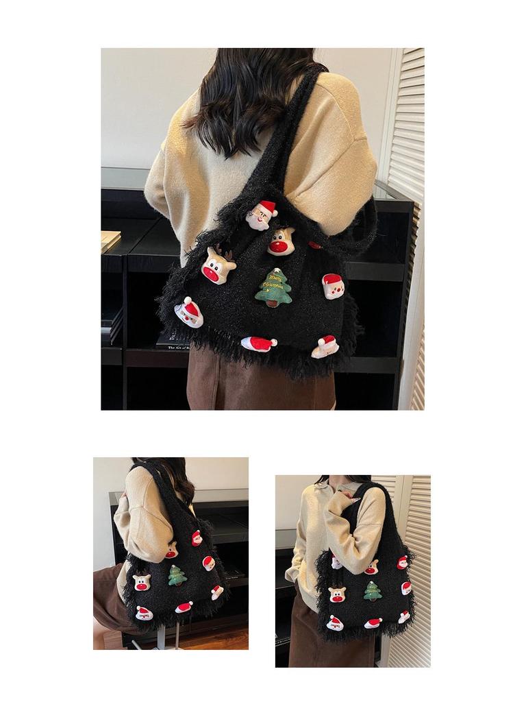 Korean Style Cute Cartoon Winter Yarn Shoulder Bag with Tassels - Versatile Large Capacity Tote