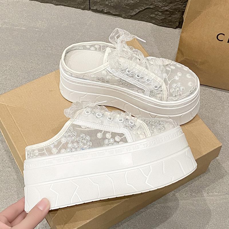 High Quality 7.5cm Bling Sequins Air Mesh Genuine Leather Half Slippers for Women Platform Casual Flat Shoes Outdoors Slipper