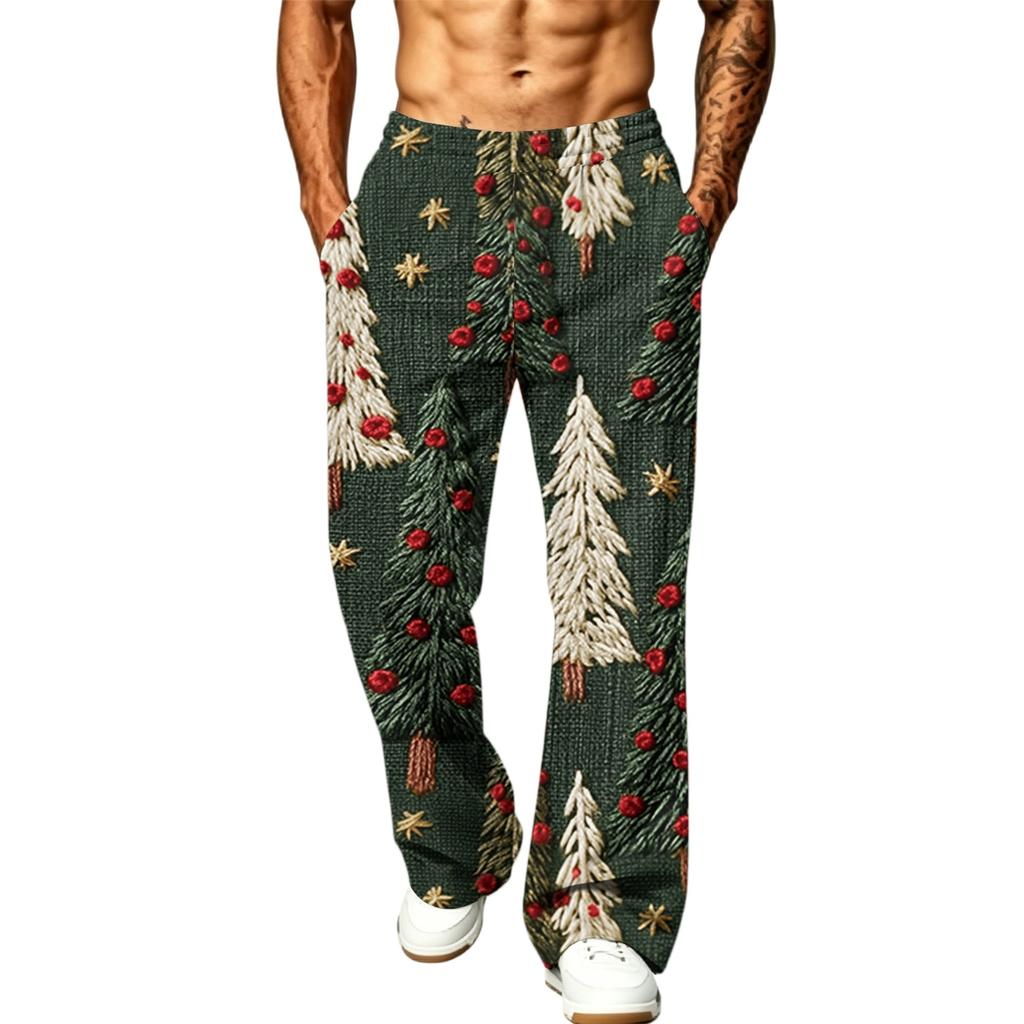 Men's Fashion Casual Loose Wide Leg Christmas Print Sweatpants with Pockets for Holiday