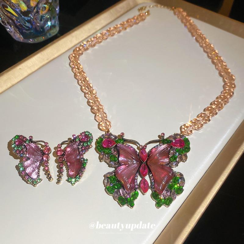 Retro butterfly splicing diamond necklace stud earrings jewelry set exquisite jewelry women