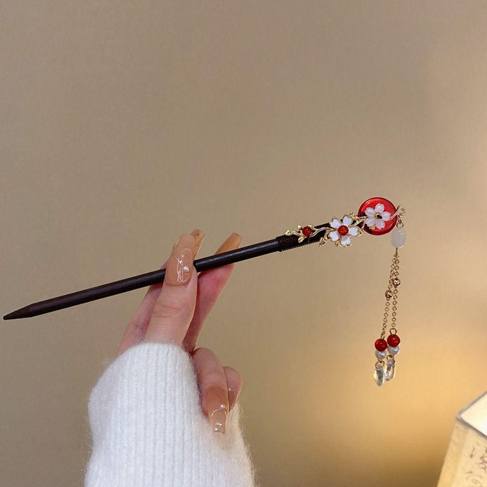 Vintage Red Rose Fringe Hairpin Fashion Chinese Hairpin Headwear Retro Red Hair Stick  Disk Hair