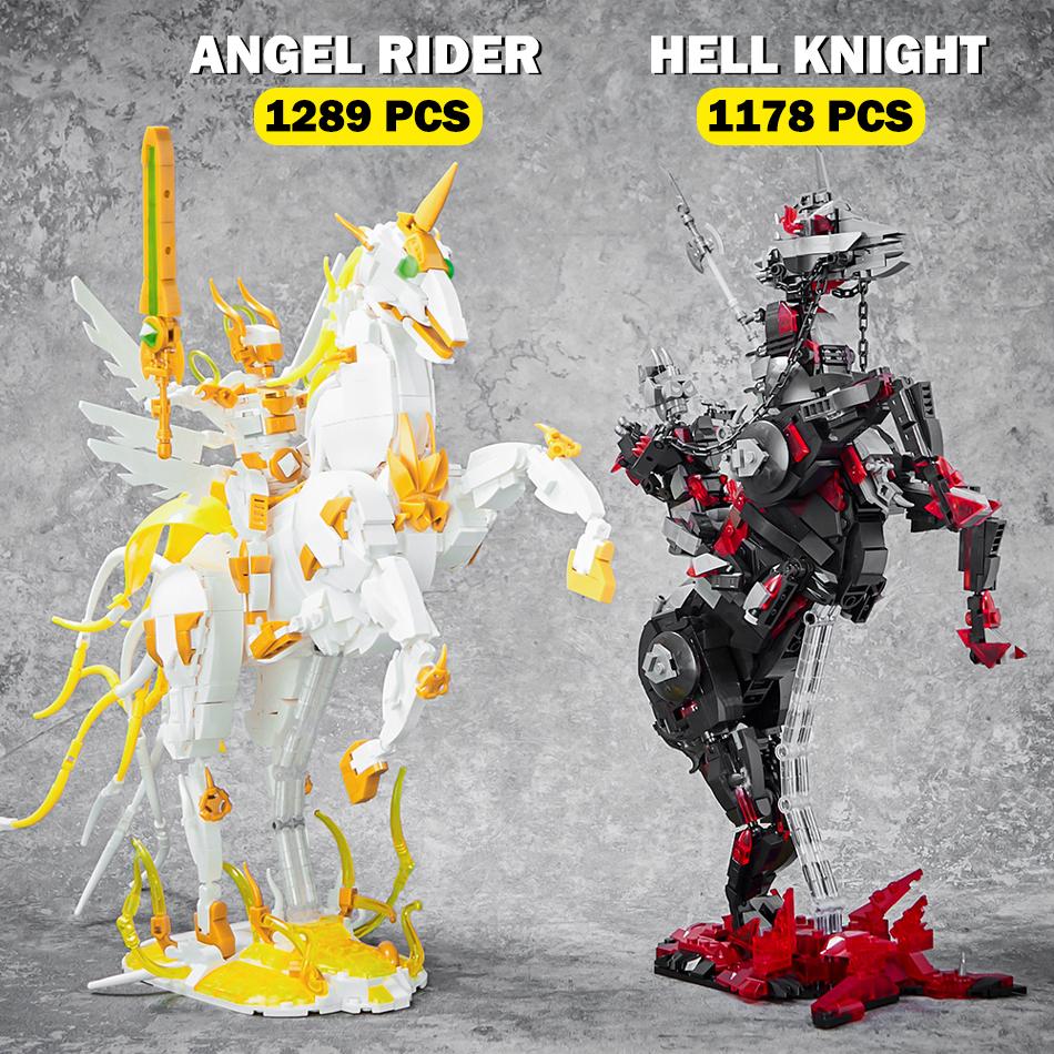 MOC Angel Rider Unicorn Hell Knight Warhorse Building Blocks Medieval Knight Mecha Figures Assemble DIY Bricks Toy for Kids Gift