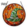 Waterproof Porch Decor Halloween Stained Glass Suncatcher Ornament, Vintage Hanging Window with Pumpkin Ghost Bat Witch Decorations Hat Pattern,