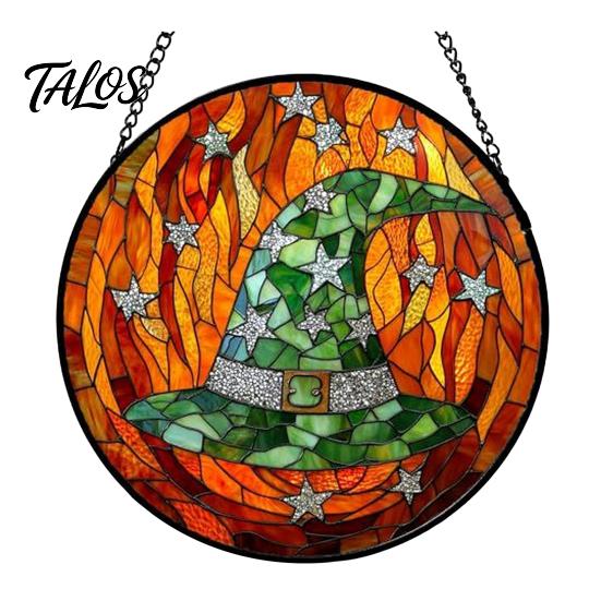 Waterproof Porch Decor Halloween Stained Glass Suncatcher Ornament, Vintage Hanging Window with Pumpkin Ghost Bat Witch Decorations Hat Pattern,