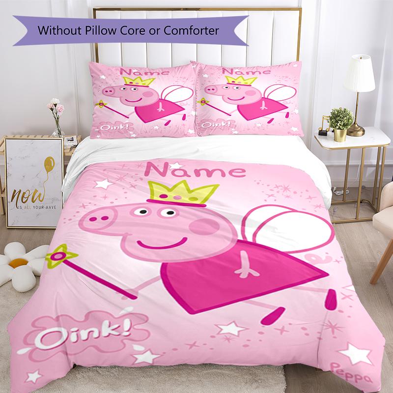 3Pcs Custom Name Peppa Pig Bedding Set Duvet Cover Closure Includes 1Duvet Cover 2Pillowcases Soft And Comfortable For All Seasons
