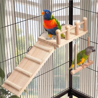 Bird Playground For Cage Natural Wood Parrot Perch Lovebird Cage Ladder Swing Toys For Macaw Cockatiel Wood Parakeet Play