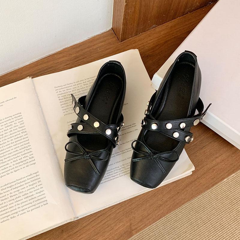 

Fashion New Fashion Metal Rivet Women Mary Janes Flats Shoes Luxury Female Butterfly-Knot Footwear Shallow Ladies Flats Shoes 35 чёрный