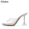 Mode Eilyken Grün Orange PVC Transparent Kristall Stiletto High Heels Jelly Damen Hausschuhe Street Style Offene Zehen Sandalen Clogs Schuhe